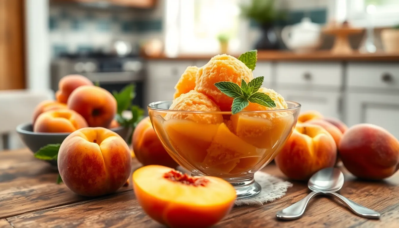 Easy 3-Ingredient Peach Sorbet Recipe (Ready in 30 Minutes!) 4 Easy 3-Ingredient Peach Sorbet Recipe (Ready in 30 Minutes!) 3
