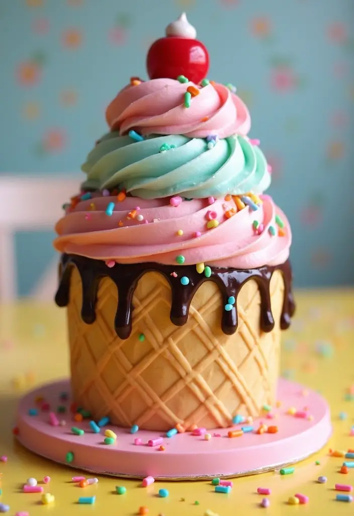 30 Cute First Birthday Cake Ideas for Girls That Steal the Show - 15. Playful Ice Cream Cake